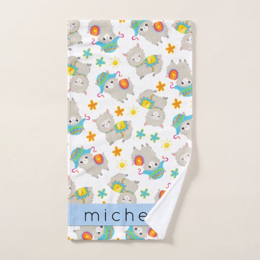 Patroon van lama's, alpaca's, bloemen, Jouw naam Bad Handdoek (Handdoek)