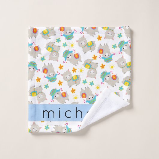 Patroon van lama's, alpaca's, bloemen, Jouw naam Bad Handdoek (Wasdoekje)