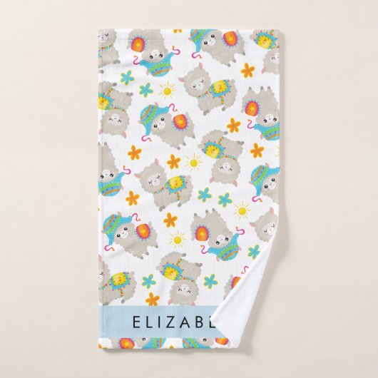 Patroon van lama's, alpaca's, bloemen, Jouw naam Bad Handdoek (Handdoek)