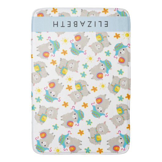 Patroon van lama's, alpaca's, bloemen, Jouw naam Badmat (Voorkant Verticaal)