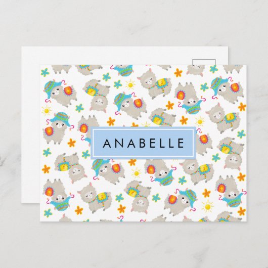 Patroon van lama's, alpaca's, bloemen, Jouw naam Briefkaart (Voorkant / Achterkant)