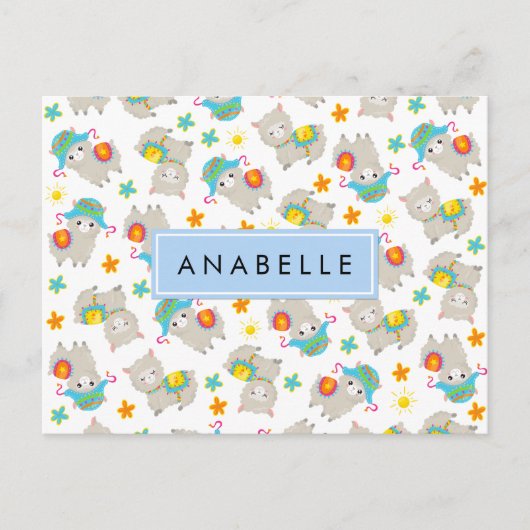 Patroon van lama's, alpaca's, bloemen, Jouw naam Briefkaart (Voorkant)