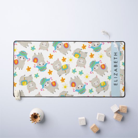 Patroon van lama's, alpaca's, bloemen, Jouw naam Bureaumat (Kindertafel)