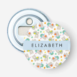 Patroon van lama's, alpaca's, bloemen, Jouw naam Button Flesopener