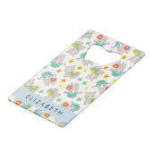 Patroon van lama's, alpaca's, bloemen, Jouw naam Creditkaart Flessenopener (Voorkant Gekanteld)