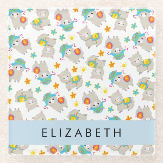 Patroon van lama's, alpaca's, bloemen, Jouw naam Glazen Onderzetter (Voorkant)