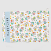 Patroon van lama's, alpaca's, bloemen, Jouw naam Golfhanddoek (Horizontaal)