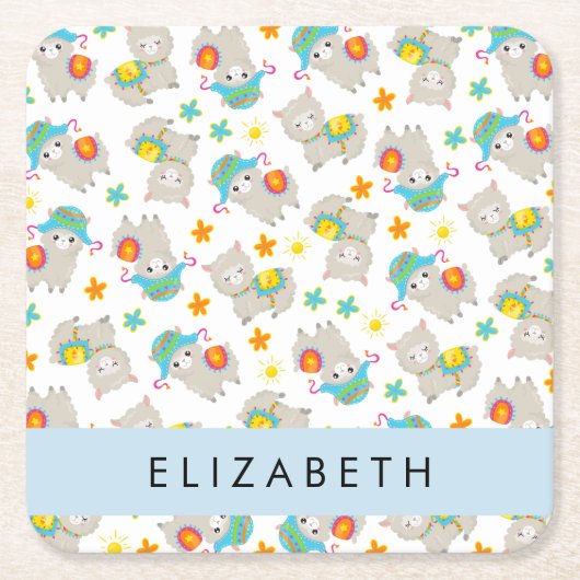 Patroon van lama's, alpaca's, bloemen, Jouw naam Kartonnen Onderzetters (Voorkant)