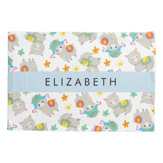 Patroon van lama's, alpaca's, bloemen, Jouw naam Kussensloop (Achterkant)