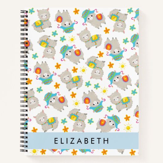 Patroon van lama's, alpaca's, bloemen, Jouw naam Notitieboek (Voorkant)