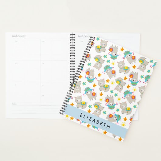Patroon van lama's, alpaca's, bloemen, Jouw naam Planner (Display)