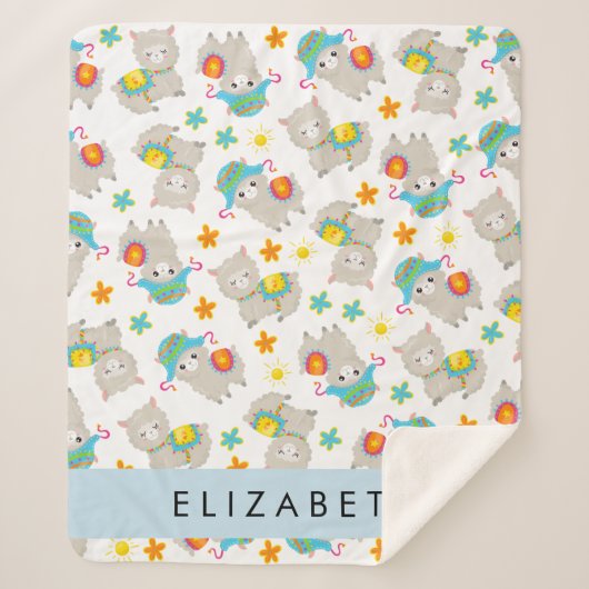 Patroon van lama's, alpaca's, bloemen, Jouw naam Sherpa Deken (Voorkant)