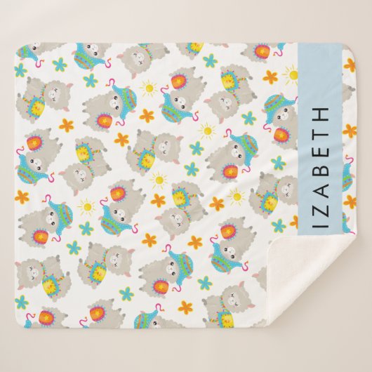 Patroon van lama's, alpaca's, bloemen, Jouw naam Sherpa Deken (Voorkant (horizontaal))