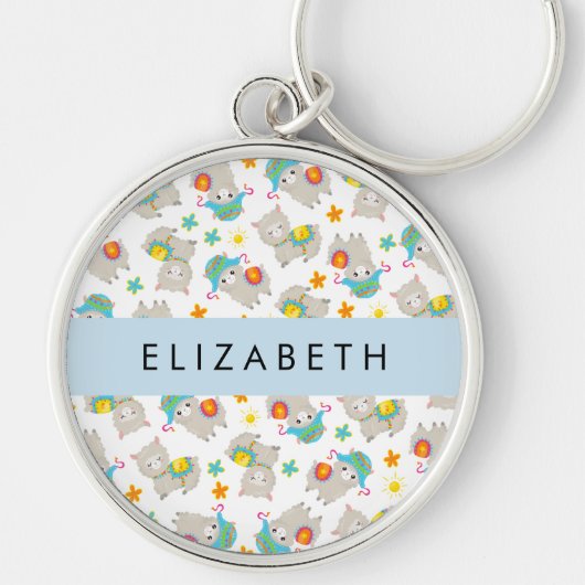 Patroon van lama's, alpaca's, bloemen, Jouw naam Sleutelhanger (Voorkant)
