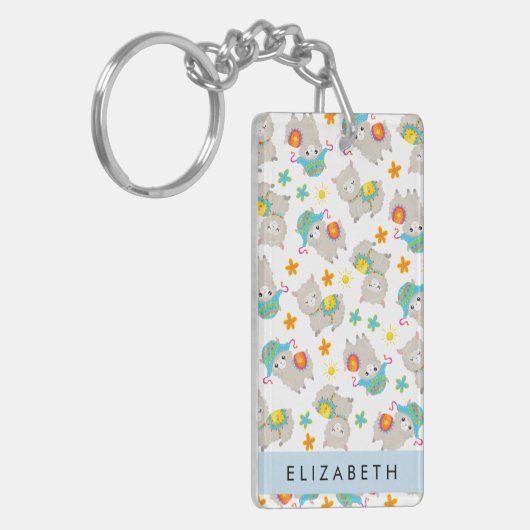 Patroon van lama's, alpaca's, bloemen, Jouw naam Sleutelhanger (Voorkant Links)