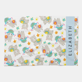 Patroon van lama's, alpaca's, bloemen, Jouw naam Theedoek