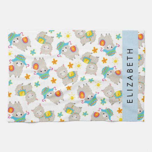 Patroon van lama's, alpaca's, bloemen, Jouw naam Theedoek (Horizontaal)