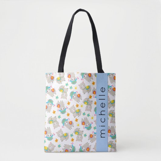 Patroon van lama's, alpaca's, bloemen, Jouw naam Tote Bag (Voorkant)
