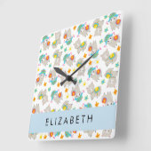 Patroon van lama's, alpaca's, bloemen, Jouw naam Vierkante Klok (Hoek)