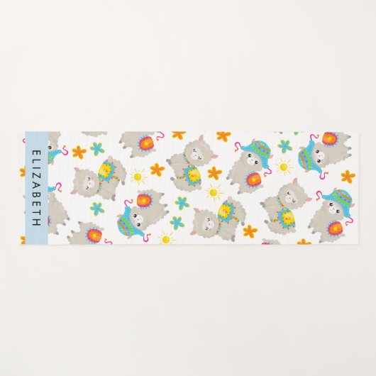 Patroon van lama's, alpaca's, bloemen, Jouw naam Yogamat (Voorkant (horizontaal))