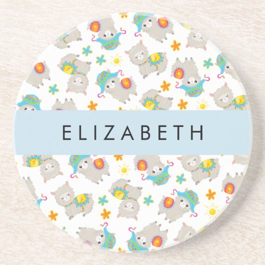 Patroon van lama's, alpaca's, bloemen, Jouw naam Zandsteen Onderzetter (Voorkant)