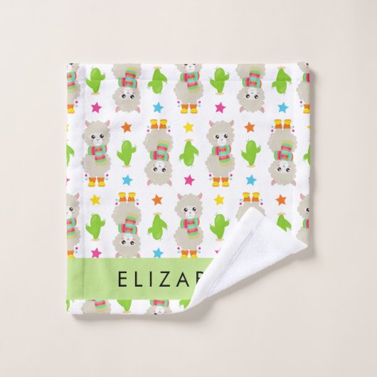 Patroon van lama's, alpaca's, cactus, Jouw naam Bad Handdoek (Wasdoekje)