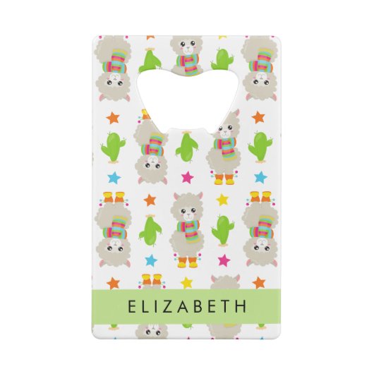 Patroon van lama's, alpaca's, cactus, Jouw naam Creditkaart Flessenopener (Achterkant)