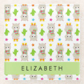 Patroon van lama's, alpaca's, cactus, Jouw naam Glazen Onderzetter (Voorkant)