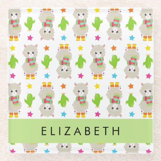 Patroon van lama's, alpaca's, cactus, Jouw naam Glazen Onderzetter (Voorkant)