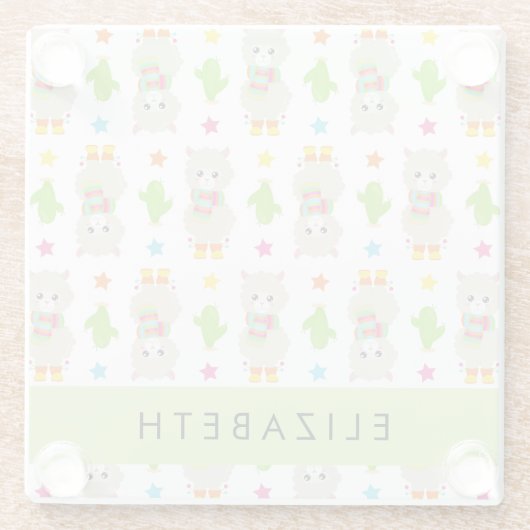 Patroon van lama's, alpaca's, cactus, Jouw naam Glazen Onderzetter (Achterkant)