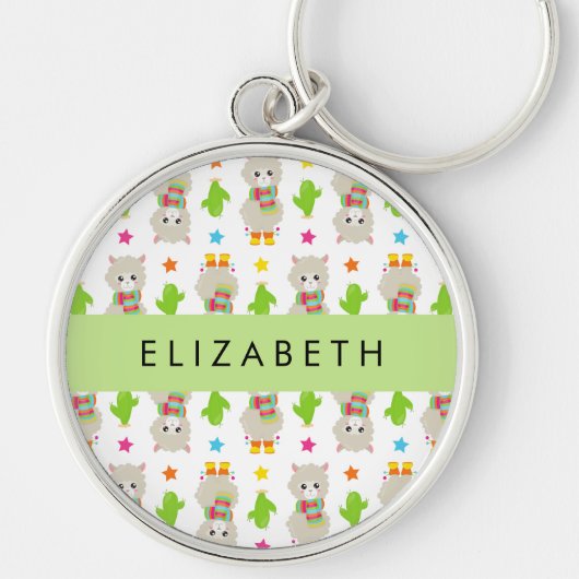 Patroon van lama's, alpaca's, cactus, Jouw naam Sleutelhanger (Voorkant)