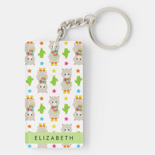 Patroon van lama's, alpaca's, cactus, Jouw naam Sleutelhanger (achterkant)