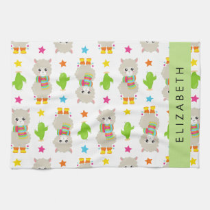 Patroon van lama's, alpaca's, cactus, Jouw naam Theedoek
