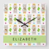 Patroon van lama's, alpaca's, cactus, Jouw naam Vierkante Klok (Voorkant)