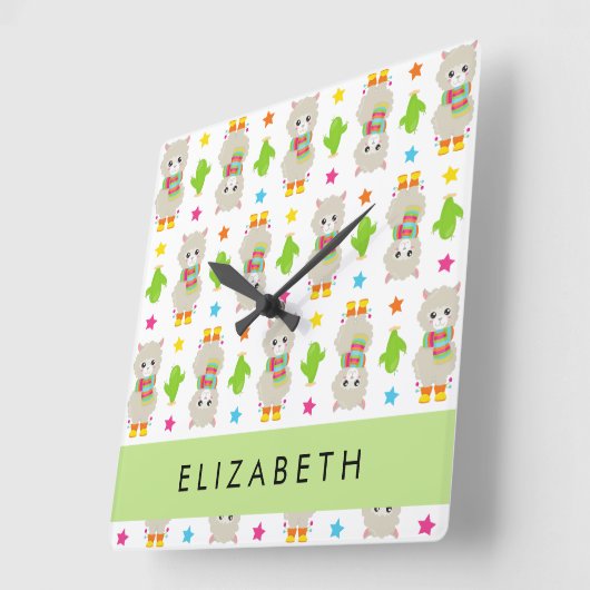 Patroon van lama's, alpaca's, cactus, Jouw naam Vierkante Klok (Hoek)