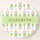 Patroon van lama's, alpaca's, cactus, Jouw naam Zandsteen Onderzetter (Voorkant)