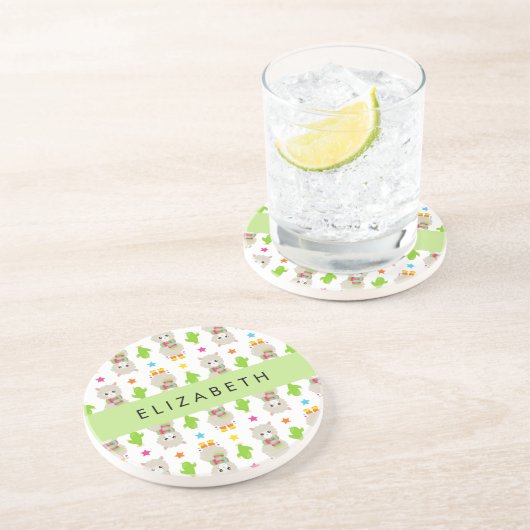 Patroon van lama's, alpaca's, cactus, Jouw naam Zandsteen Onderzetter (Zijkant)