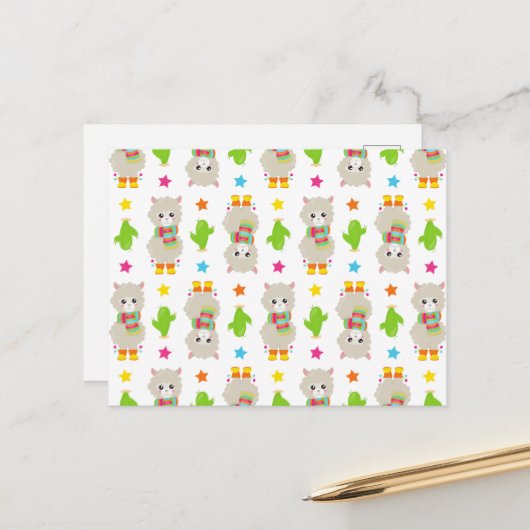 Patroon van lama's, Cute Llamas, Alpacas, Cactus Briefkaart (Voorkant / Achterkant in situ)