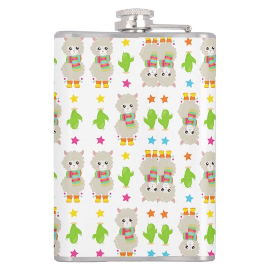 Patroon van lama's, Cute Llamas, Alpacas, Cactus Heupfles (Achterkant)