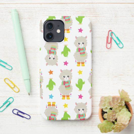 Patroon van lama's, Cute Llamas, Alpacas, Cactus iPhone Hoesje (Op bureau)