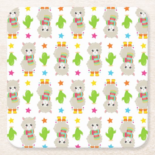 Patroon van lama's, Cute Llamas, Alpacas, Cactus Kartonnen Onderzetters (Voorkant)