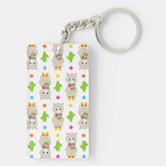 Patroon van lama's, Cute Llamas, Alpacas, Cactus Sleutelhanger (achterkant)