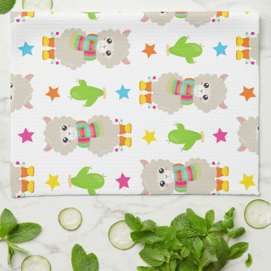 Patroon van lama's, Cute Llamas, Alpacas, Cactus Theedoek (Gevouwen)