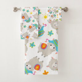 Patroon van lama's, schildlama's, alpaca's, bloeme bad handdoek