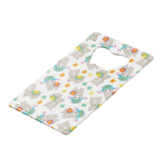 Patroon van lama's, schildlama's, alpaca's, bloeme creditkaart flessenopener (Voorkant Gekanteld)