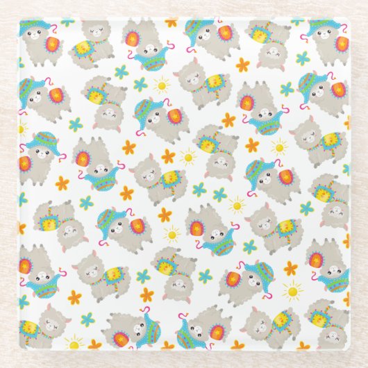 Patroon van lama's, schildlama's, alpaca's, bloeme glazen onderzetter (Voorkant)