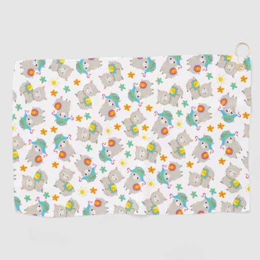 Patroon van lama's, schildlama's, alpaca's, bloeme golfhanddoek (Horizontaal)