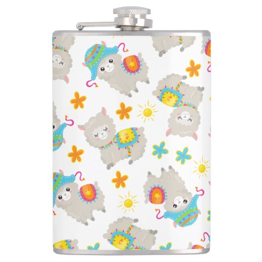 Patroon van lama's, schildlama's, alpaca's, bloeme heupfles (Voorkant)