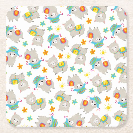 Patroon van lama's, schildlama's, alpaca's, bloeme kartonnen onderzetters (Voorkant)