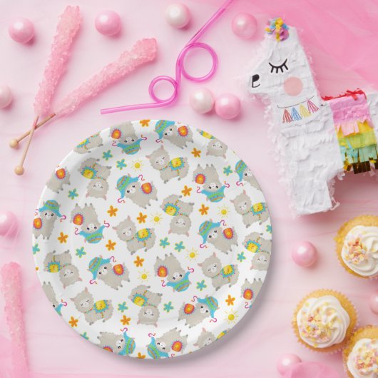 Patroon van lama's, schildlama's, alpaca's, bloeme papieren bordje (Feest)